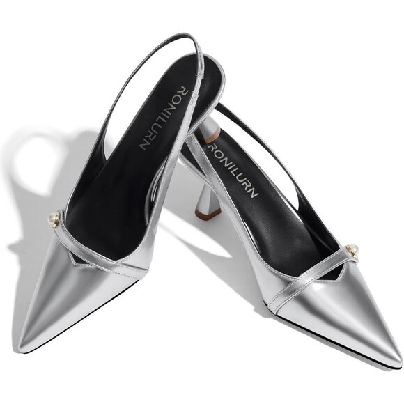 🆕Women Silver Faux Leather Kitten Heels Slingback Pearl Pumps - Picture 5 of 7
